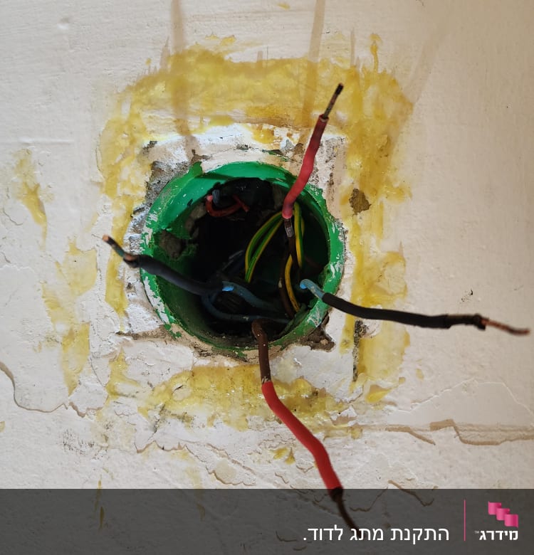 חוטי חשמל חשופים יוצאים מקופסת חיבורים בקיר